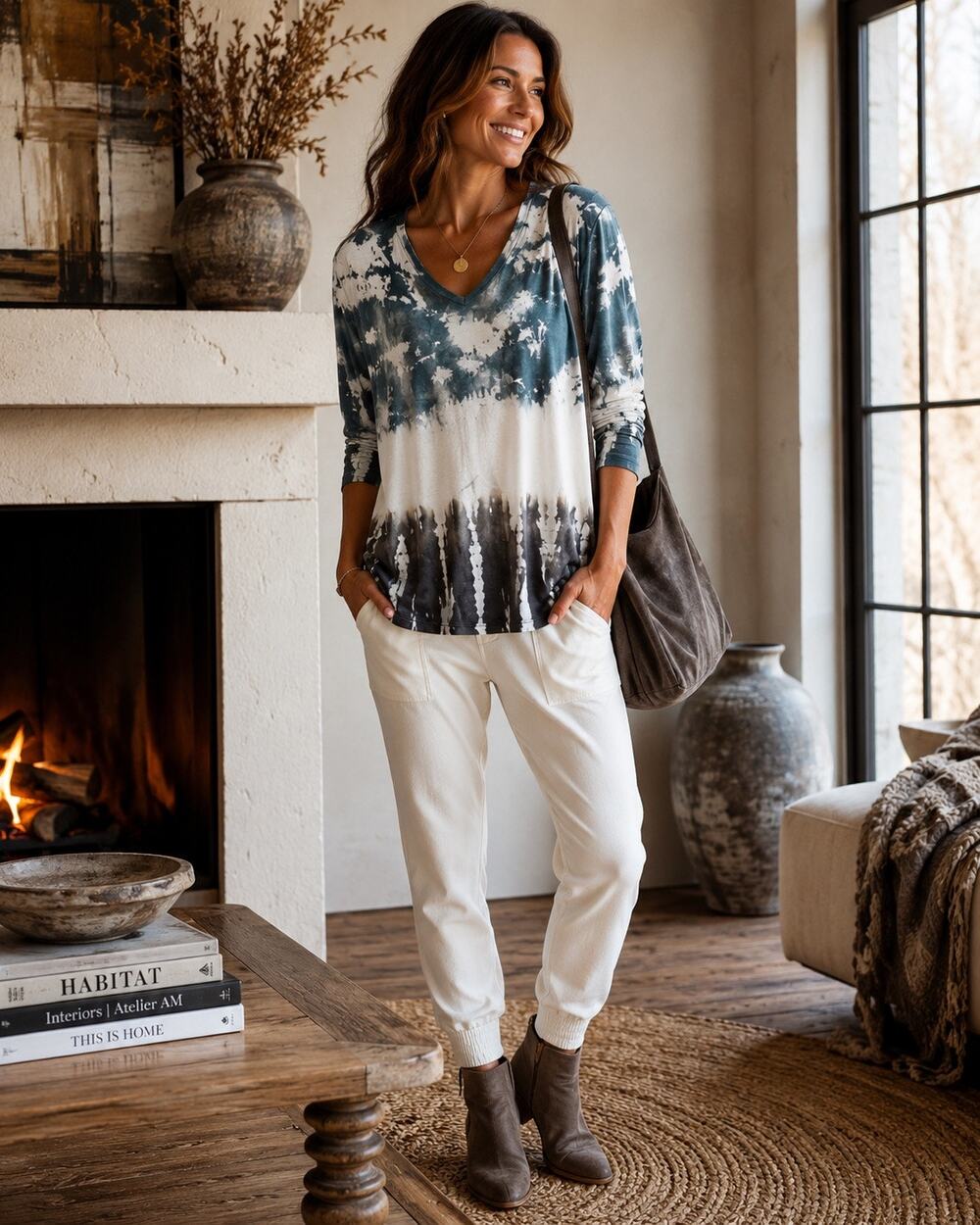 XCVI Teal Gray Tie Dye V-Neck Long Sleeve Top Size M